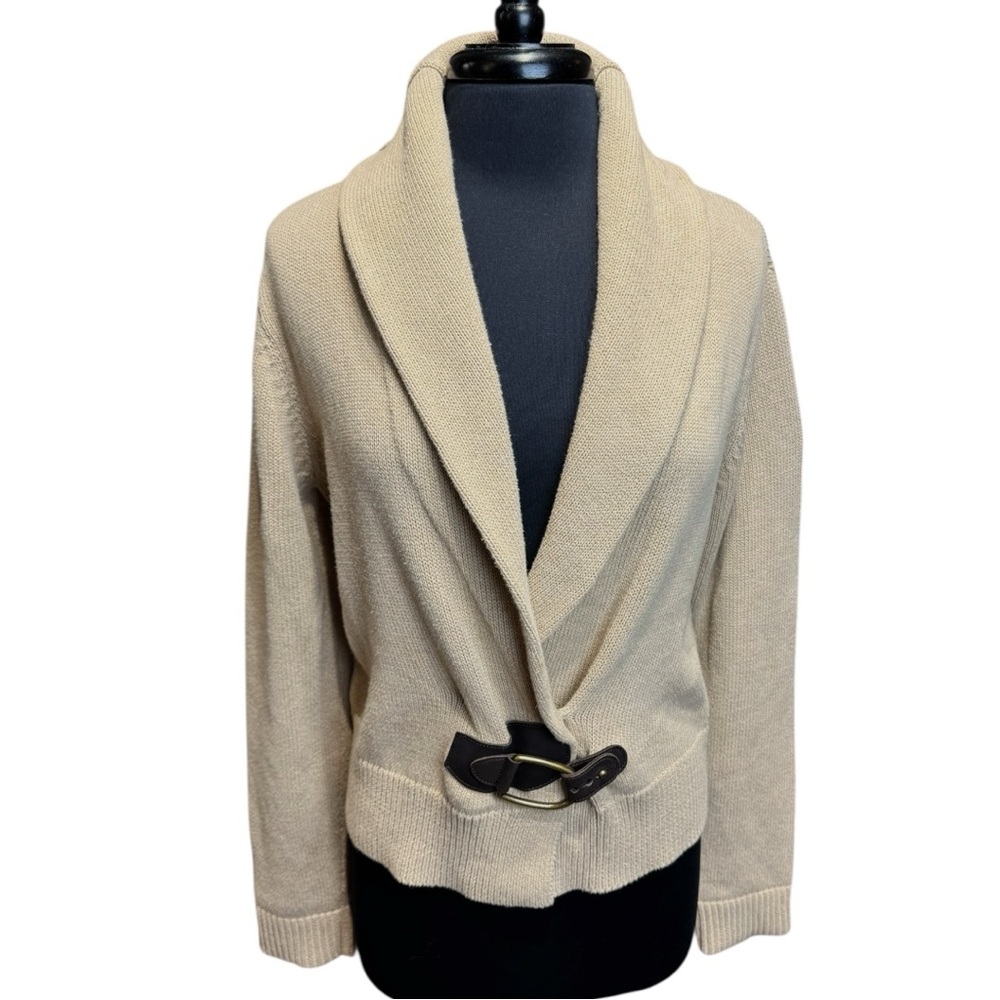Beige Shawl Collar Buckle Detail Women's Sweater